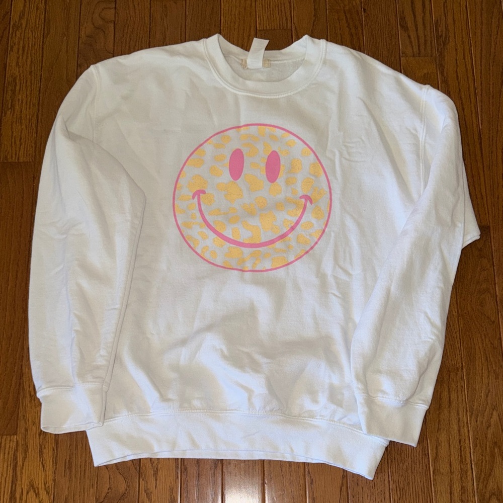Altar'd State White Sweatshirt with Pink & Yellow Smiley